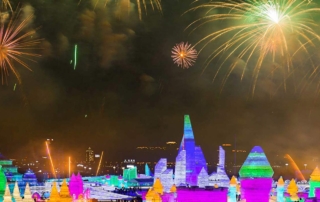 Nighttime fireworks at the Harbin International Ice and Snow Festival in China, featured in scenes from the novel Last Flower by Niklas Three.