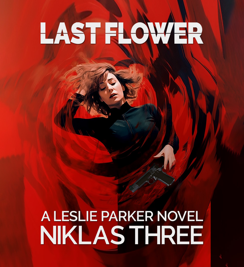 Red and black book cover illustration for the suspense thriller novel 'Last Flower,' depicting a woman with a pistol in a swirl of clouds.