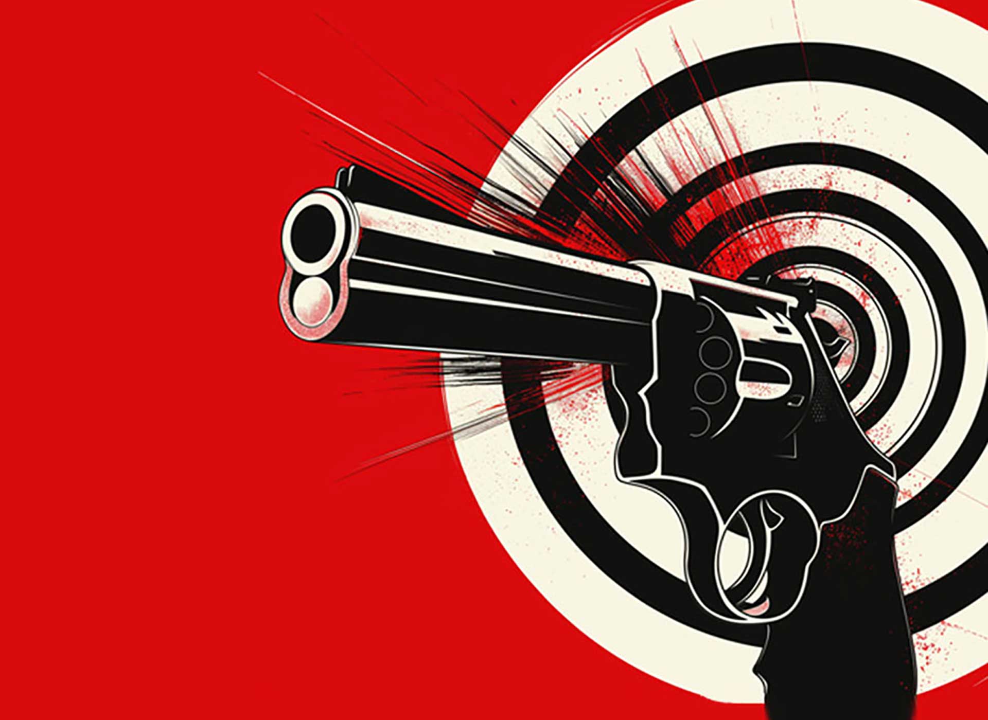 Red, black, and white minimalist pop art book cover illustration of a pistol, a bullet, and a bullseye target.