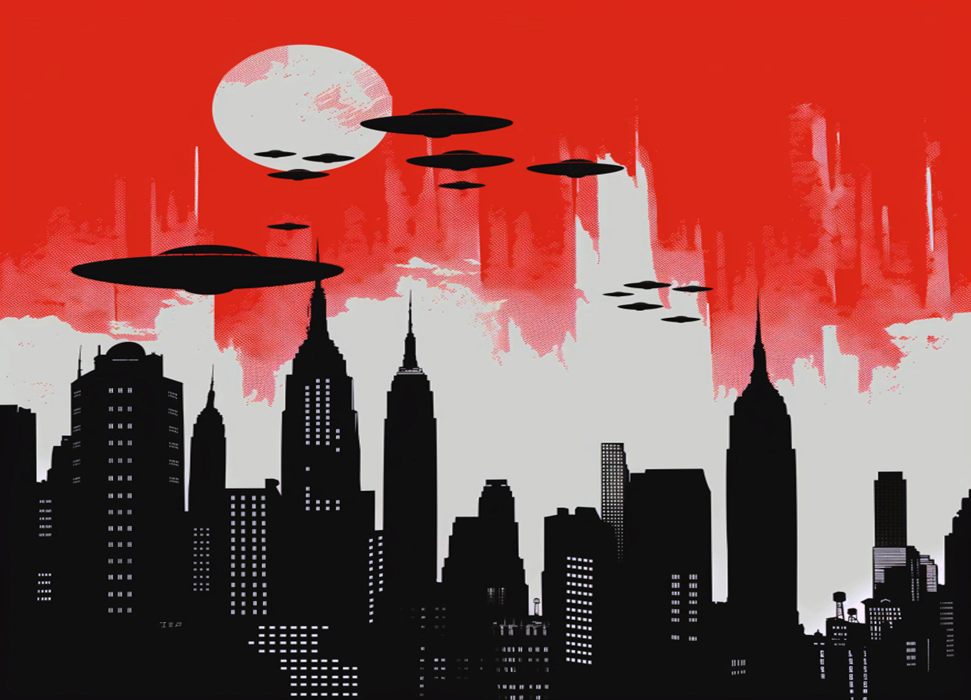 Red and black pop art illustration of alien spaceships in the sky over New York City for the novel Star Fright by Niklas Three.