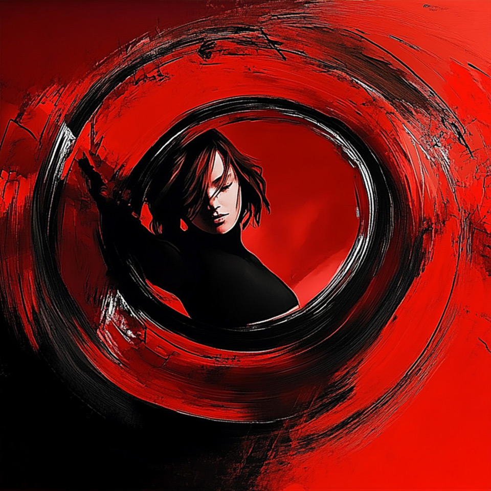 Red and black book cover illustration for the suspense thriller novel 'Last Flower,' depicting a woman with a pistol in a swirl of clouds.