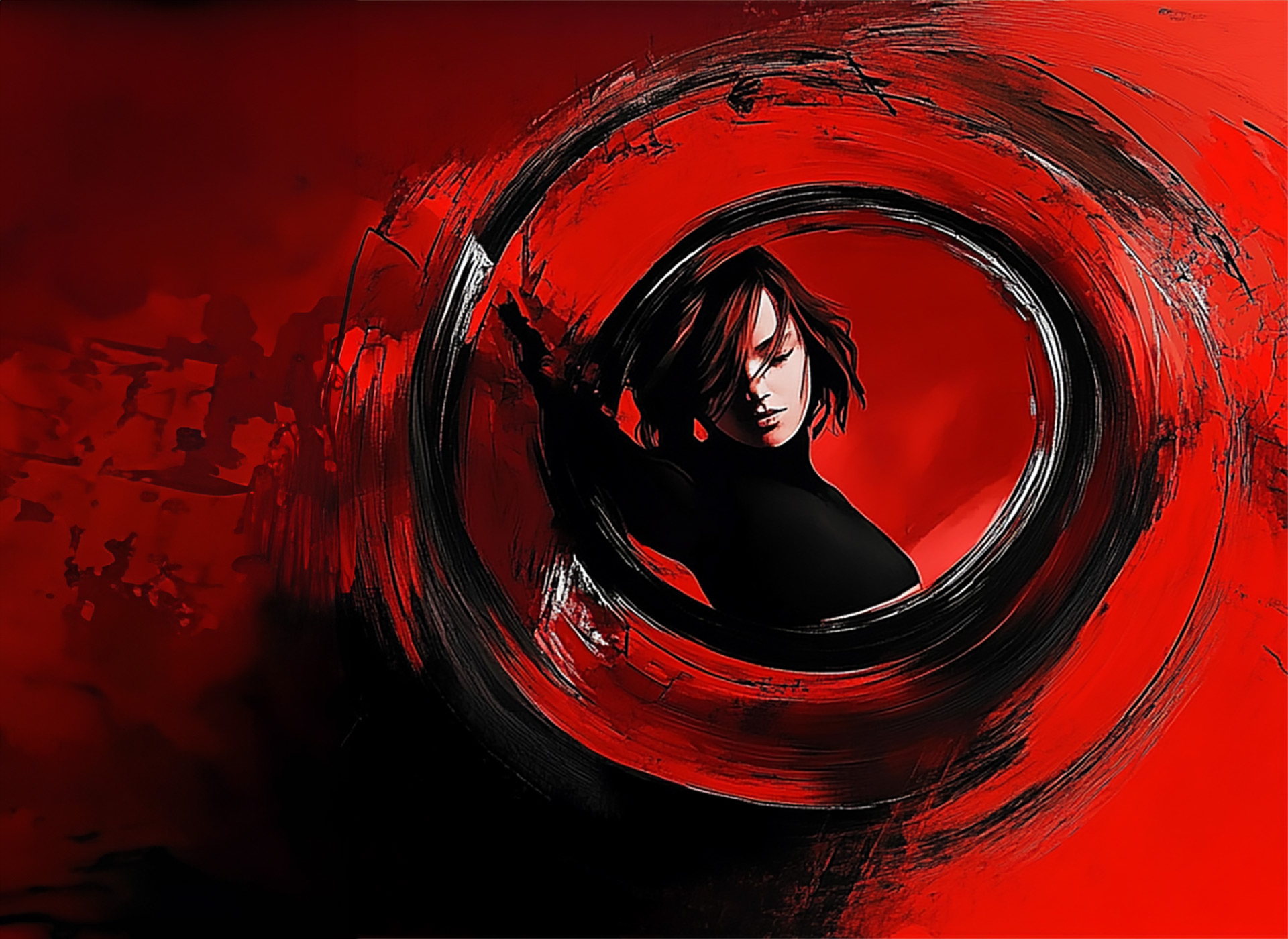 Red and black book cover illustration for the suspense thriller novel Last Flower, depicting a woman with a pistol in a swirl of clouds.